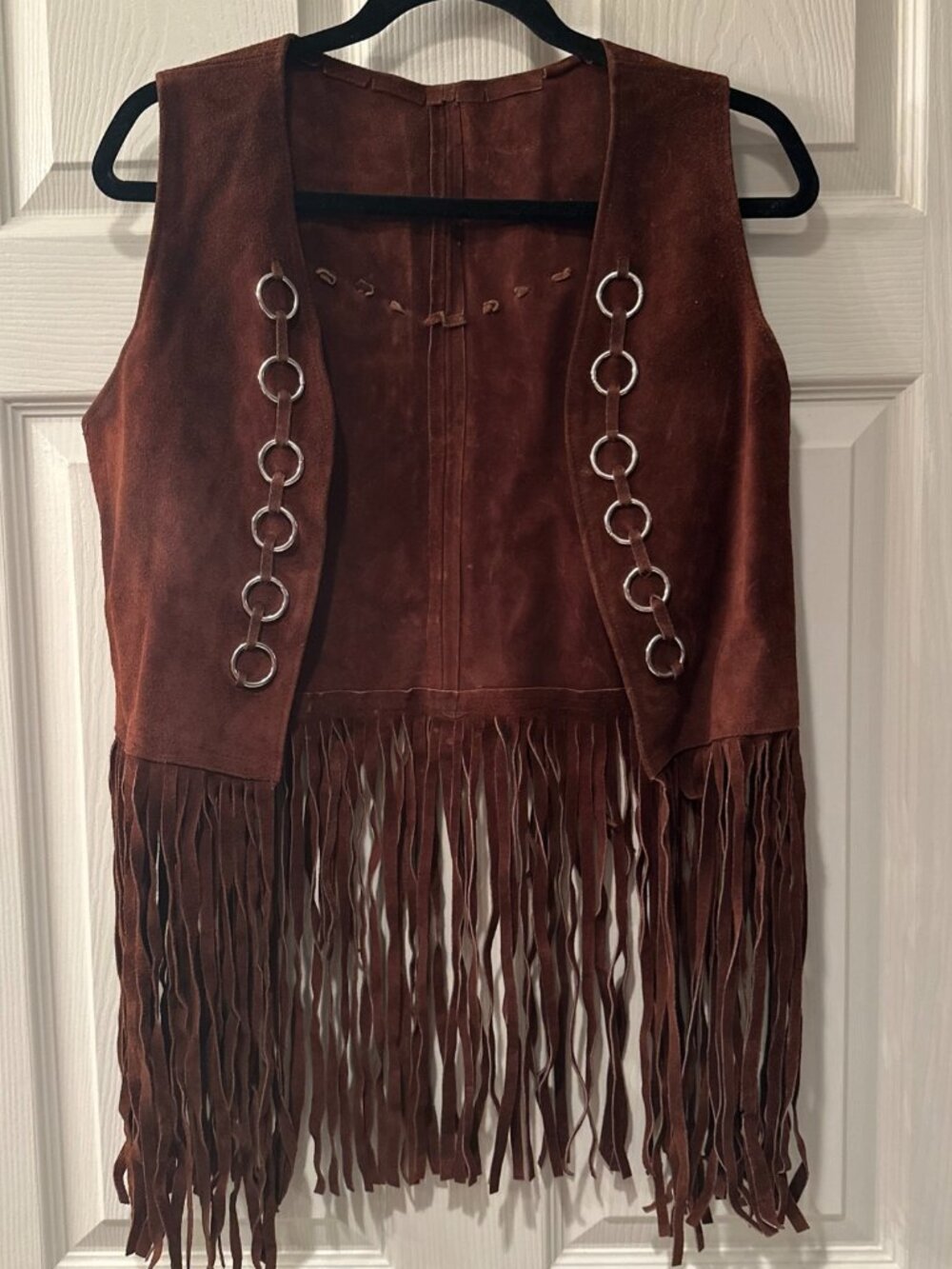 Vintage Brown Suede Fringe Vest Boho Western Festival Hippie Metal Ring No Size